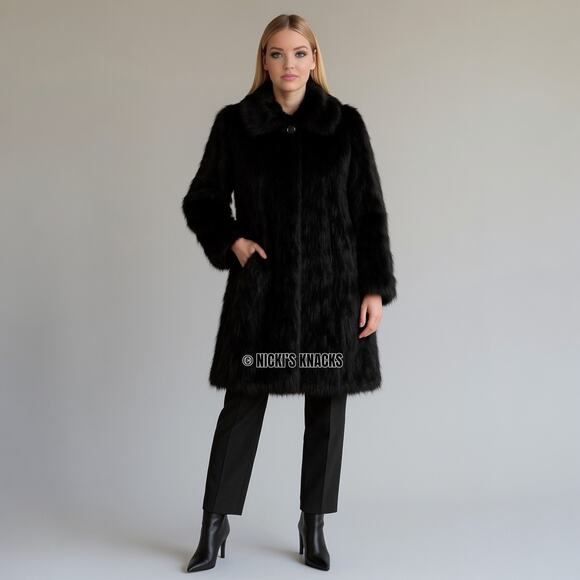 Dennis Basso Black Faux Mink Fur Coat Longline Oversized Winter Jacket Size L - Picture 9 of 10
